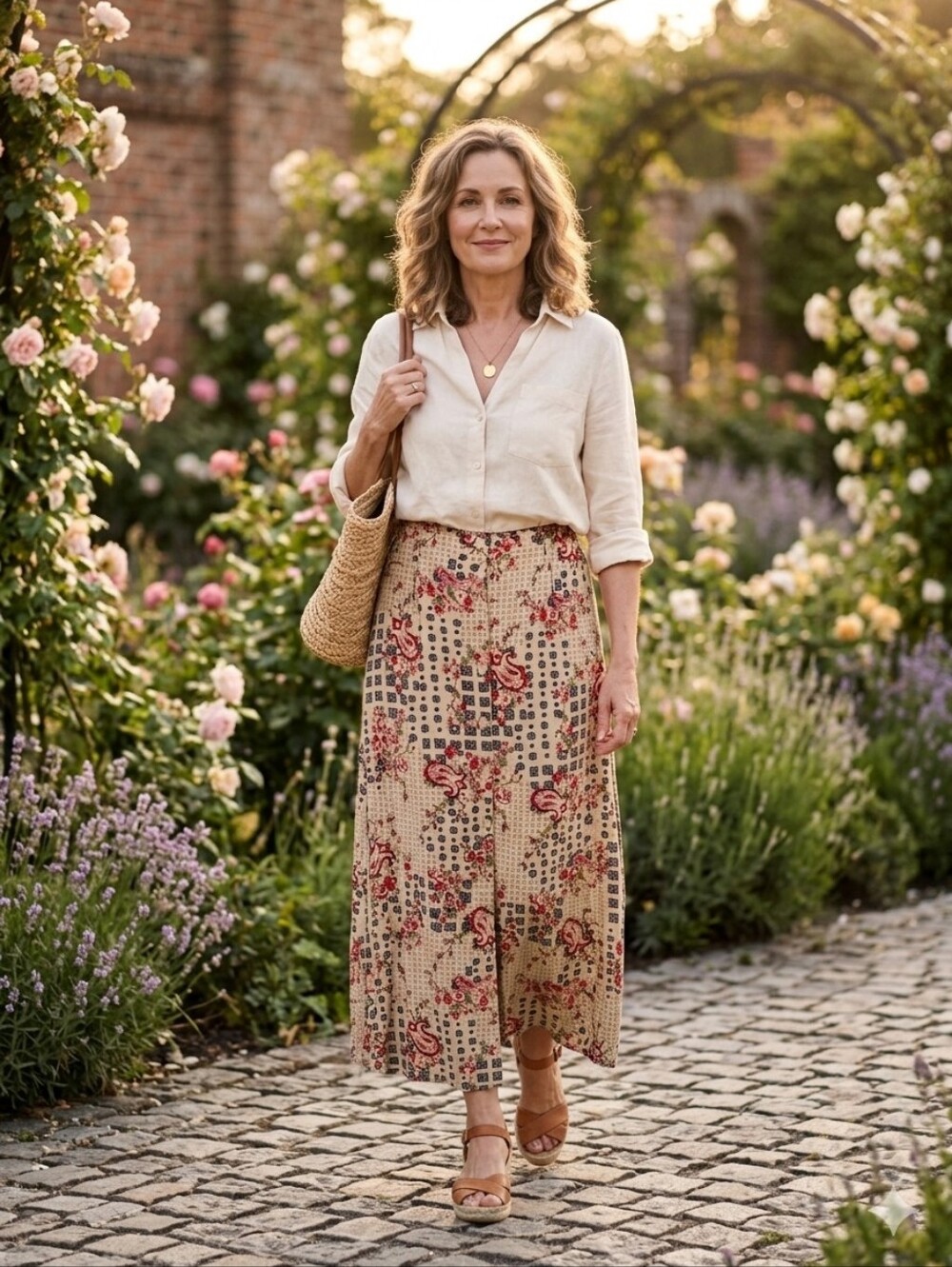 {Sag Harbor} 90s Vinatge Beige Floral Print Maxi Skirt with Red Accents - SMALL
